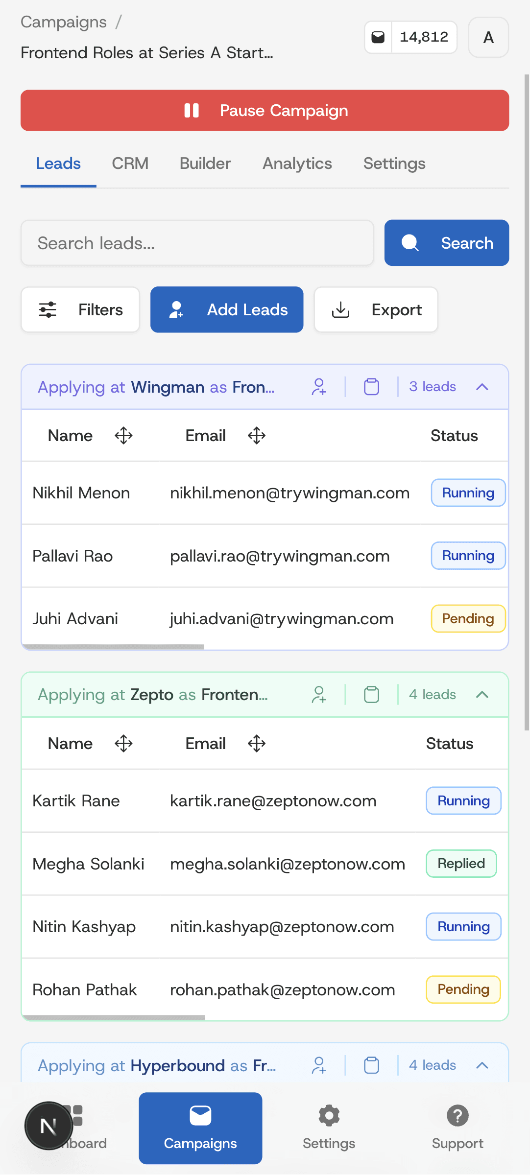 HyredFast campaign leads on mobile, grouped by company with send status