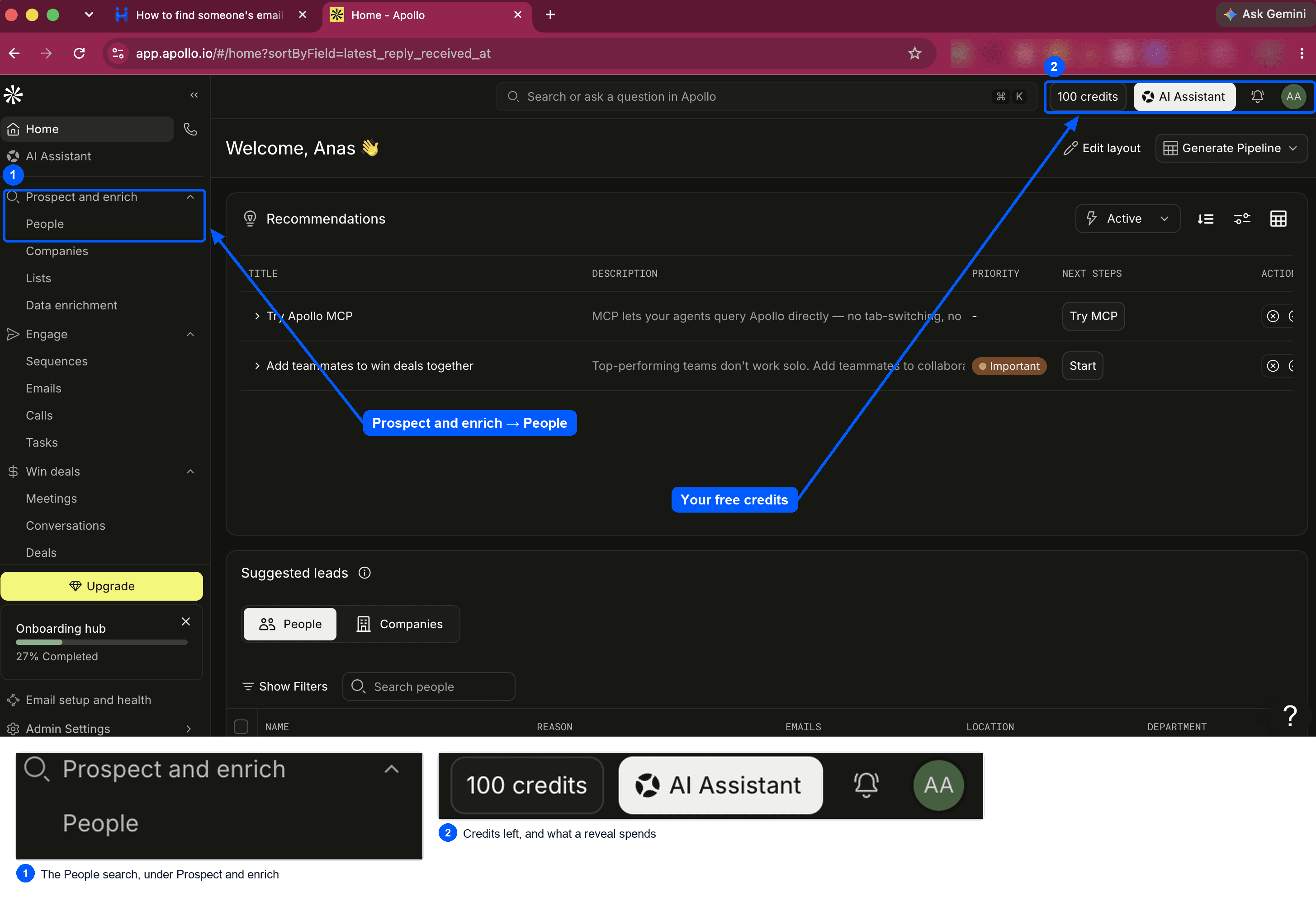 The Apollo dashboard, with the People item in the left sidebar and the credit balance in the top bar marked