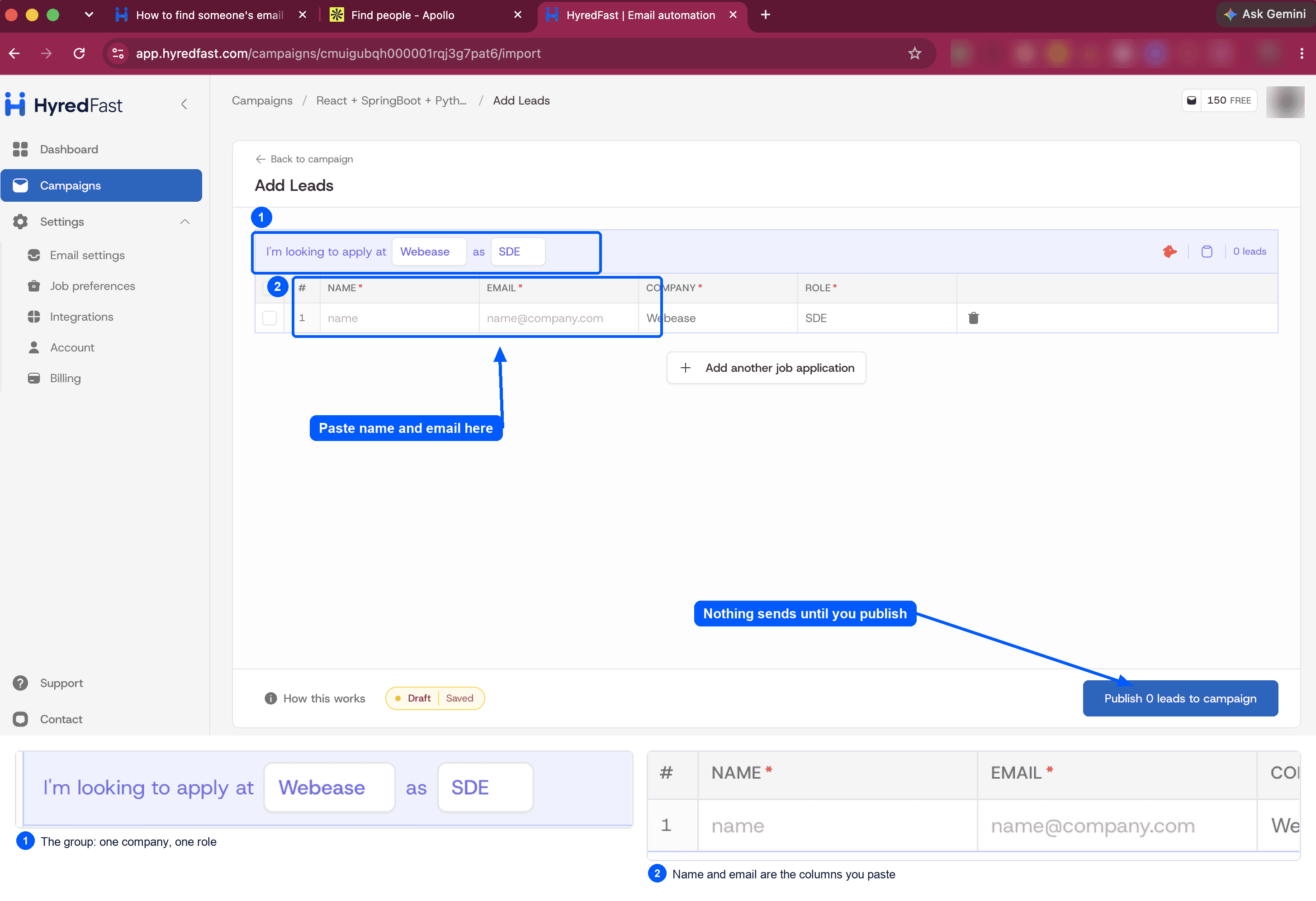 The HyredFast Add Leads screen, with the company and role group header, the name and email columns, and the publish button marked