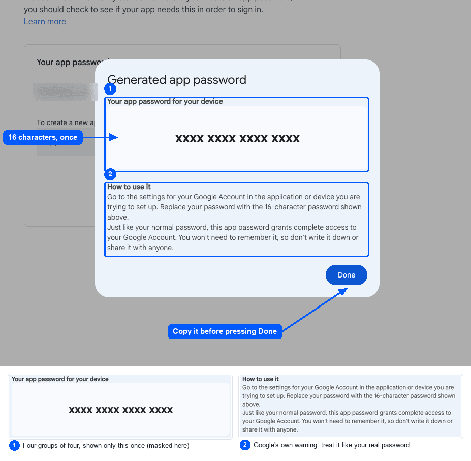 Google's generated app password dialog, with the password masked and the Done button marked