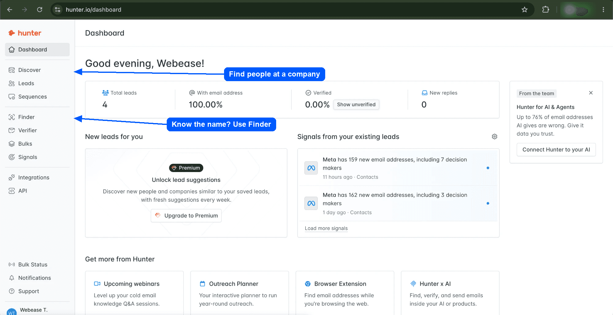 The Hunter dashboard, with Discover and Finder marked in the left sidebar