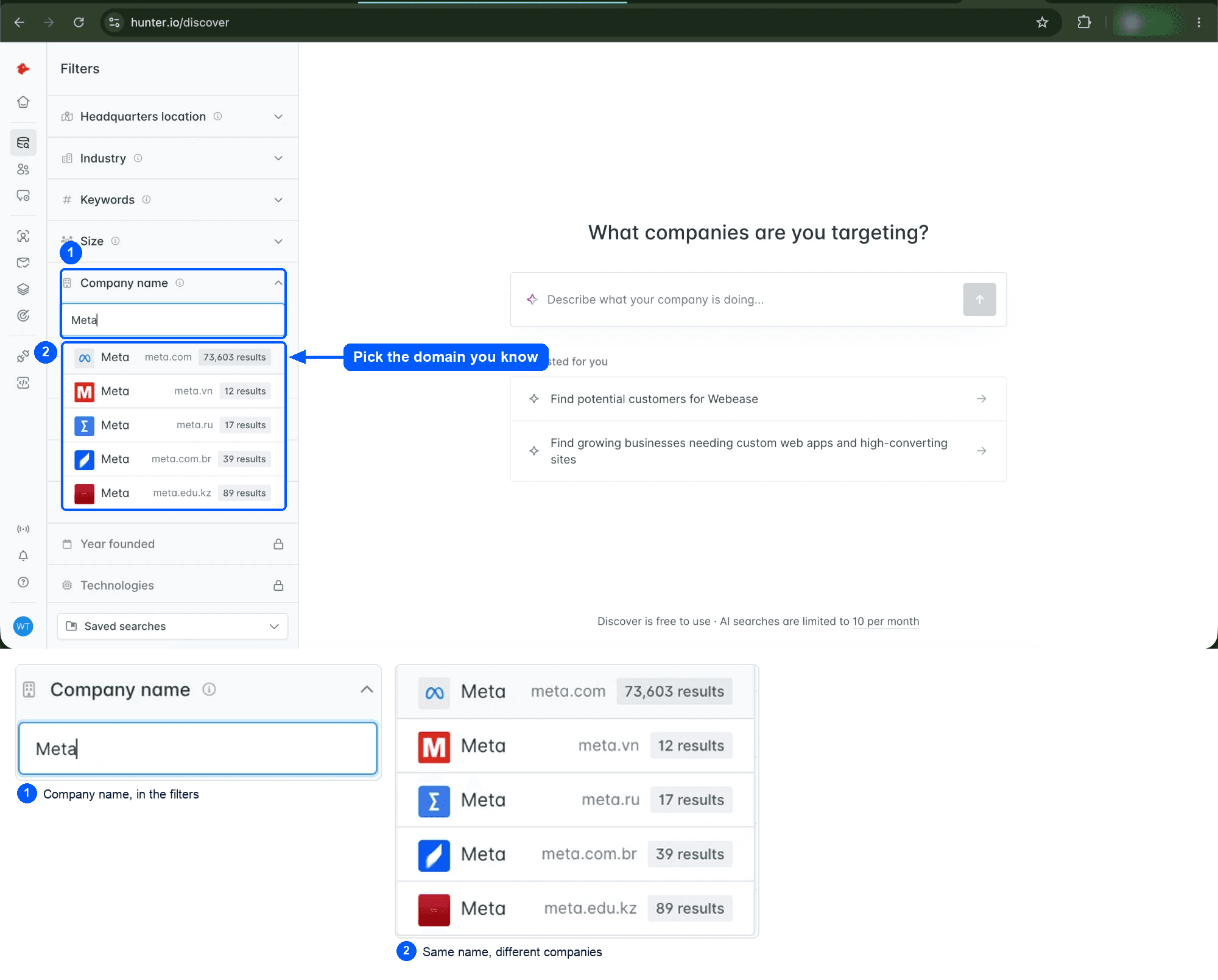 Hunter's Discover page with Meta typed in the Company name filter, and five different companies called Meta in the suggestions, each with its own domain