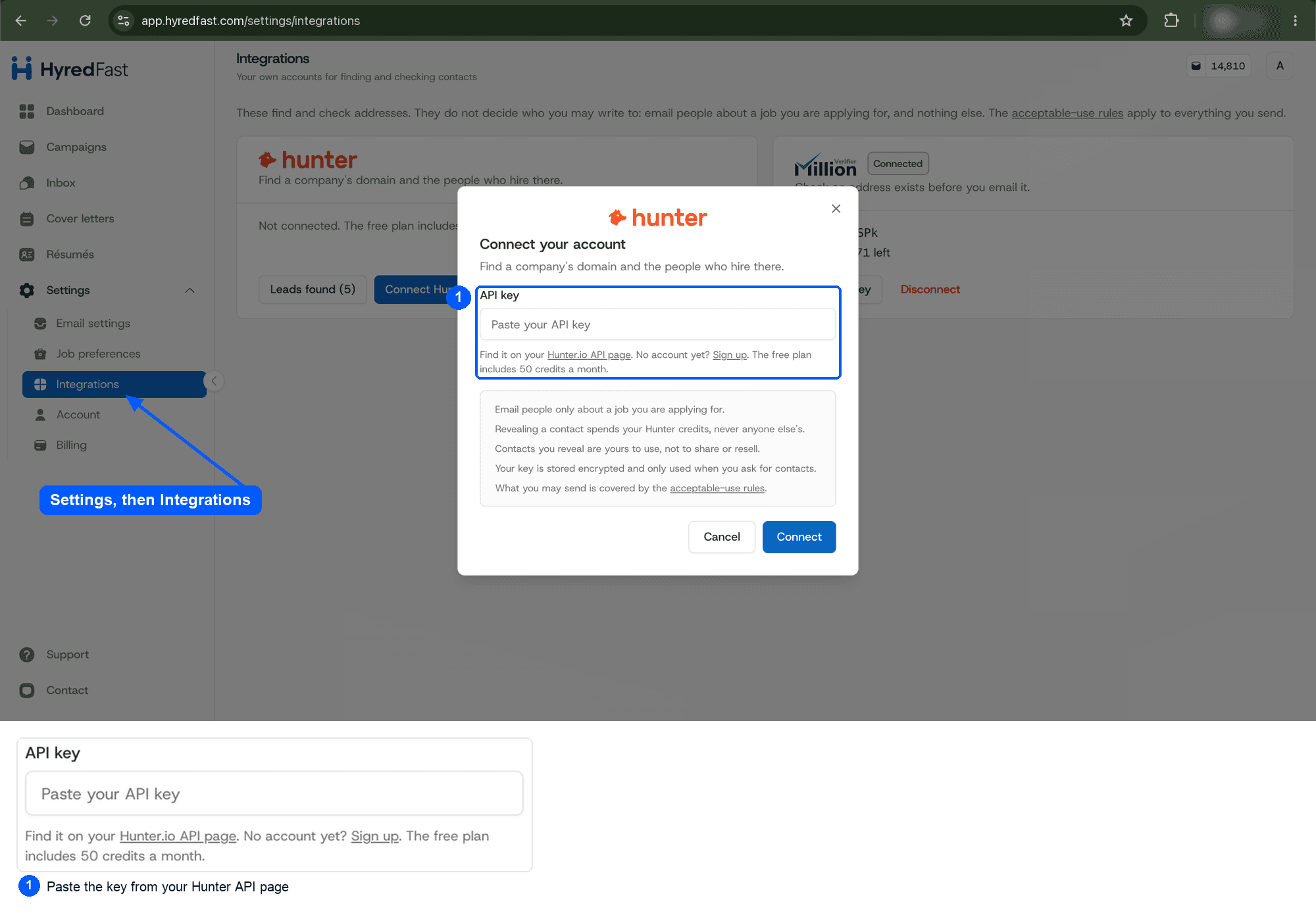 HyredFast's Integrations page with the Connect your account dialog for Hunter open, and the API key field marked