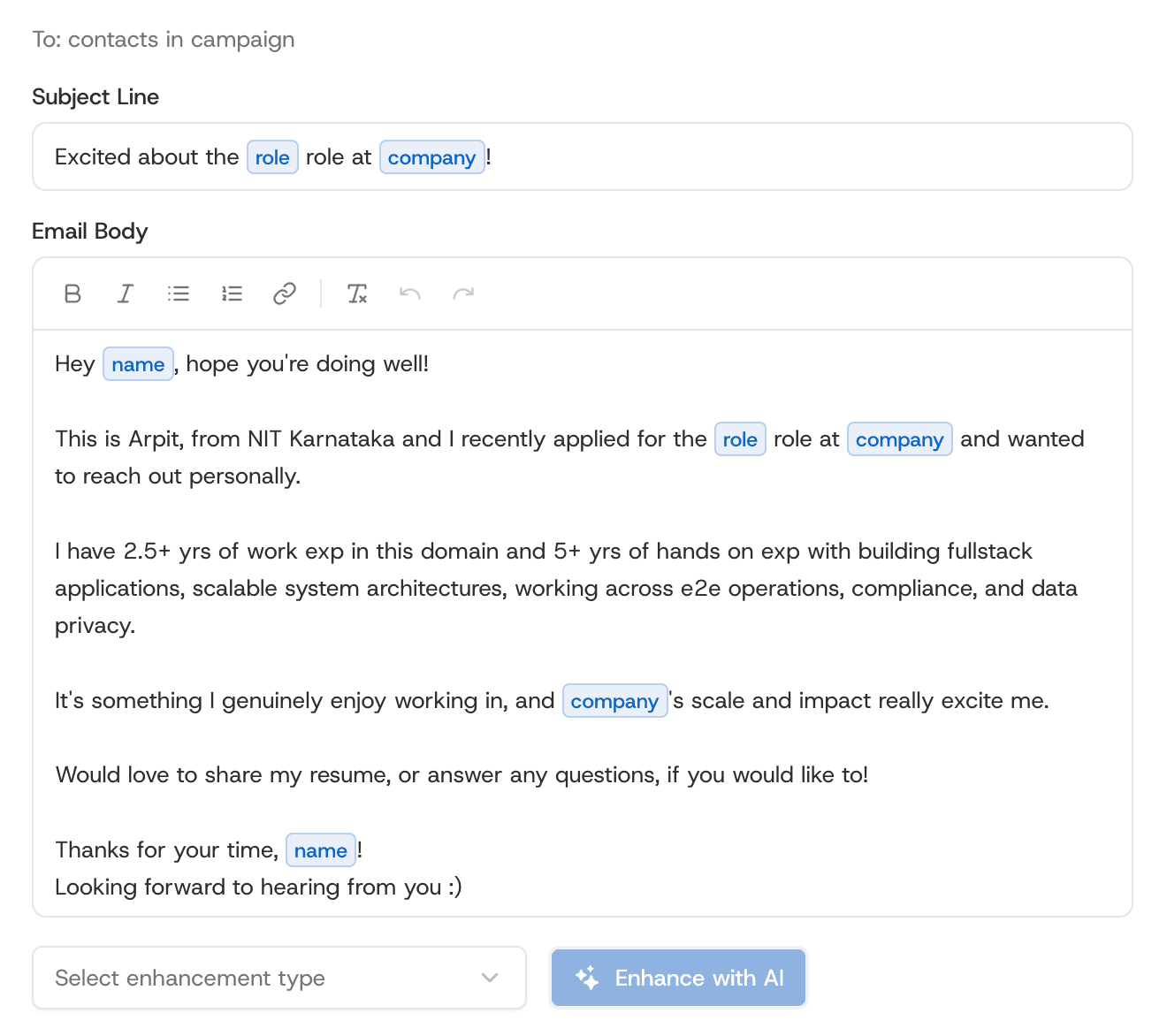 The email composer, with role and company variables inline and an Enhance with AI action