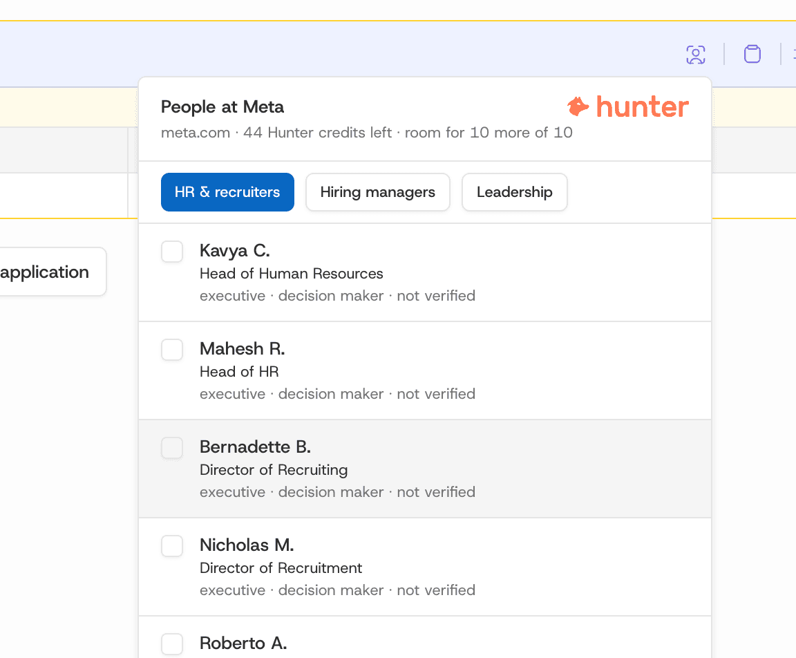 Hunter results for Meta, filtered to HR and recruiters, with credits remaining